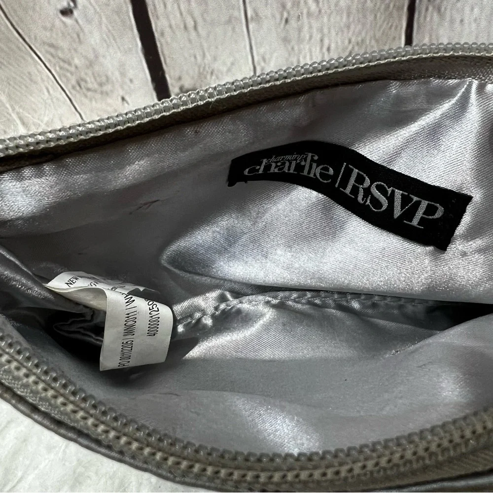 RSVP Charming Charlie Clutch Purse Silver Satin Rhinestone Pearl Wristlet Glam